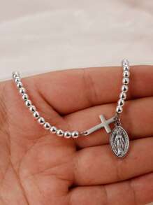 1pc Elegant Stainless Steel Cross And Golden Beads Bracelet With Virgin Mary Jewelry For Women And Men - Perfect Christmas Gift, Accessory, Or Everyday Wear Charm Great Gift/Cross Jewelry/Christian Gift Comes With Gift Box