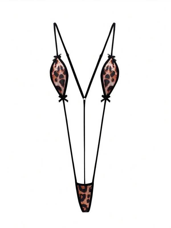 1 pieza Lencería sexy pijama, diseño de lazo con estampado de leopardo sexy, mono de mujer con cordones ajustables - Bikini con diseño de espalda descubierta de tres puntos, mono de mujer, ropa de adulto semi transparente