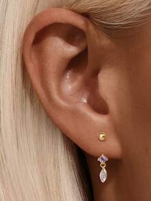 1Pc Natural Amethyst 925 Sterling Silver Earring For Women Flat Back Stud Minimalist Jewelry Helix Cartilage Gift For Her Wedding Party Fine Jewelry - Gold - View 7