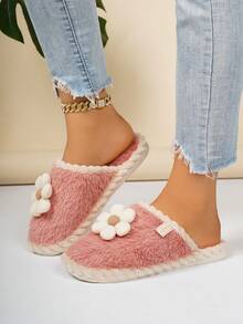 女士时尚圆头仿毛一脚蹬拖鞋，带可爱花朵装饰，舒适居家拖鞋，适合秋冬季，加大码