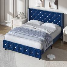 Twin/ Full/ Queen/ King Size Bed Frame, Upholstered Bed Frame With Diamond Headboard And Footboard, No Box Spring Needed With Wood Slat Support, Easy Assembly, Twin Bed Frame/  Full Bed Frame/ King Bed Frame, Black/ Pink/ White/ Purple/ Blue/ Green - 藍色 - 查看 11