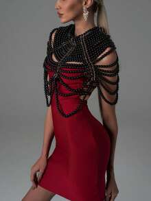 1Pc Just Gorgeous Party Wear Top Women's Heavy Faux Pearl Body Chain Handmade Beaded Top Vintage Style Elegant Gorgeous Multi-Layered Beaded Necklace Medieval Style Premium Sense Bridal Shawl - Black - View 4