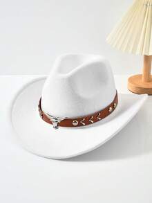 1pc Unisex Retro Western Cowboy Hat With Horn Pattern, Suitable For Casual Wear, Western Cowboy Party - Brown Leather Rivet Bull Head Hat - View 16