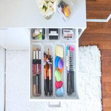 AB Designs Bin Pack, [6] Long Home Organizer Storage Boxes With Lids, Translucent Clear