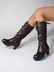 女式朋克高跟靴，哥特式粗跟及膝靴，适合婚礼、新娘、派对、万圣节，后拉链、带扣、蕾丝、粗跟、系带，红色高跟鞋 - 紅色 - 查看 9