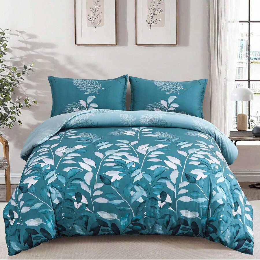 3PCS Soft Cyan Branches Leaves Pattern Duvet Cover Bedding Set Queen Super King Size With 2 Pillowcases- Autumn & Christmas Gift Leaf Quilt Cover Set, Cozy Bed For Warm Fall & Festive Xmas Bedroom Decor, Soft & Stylish Bedding Collection - Cyan - 查看 1