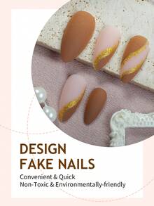 24片法式美甲贴纸，中号杏仁形，棕色、裸色和闪粉渐变装饰，金色线条艺术设计，复古风格，光滑表面，全覆盖假指甲，适合女性和女孩日常佩戴的美甲用品 - 彩色 - 查看 3