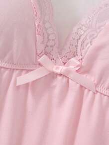 2pcs Lace Patchwork Bow Decor Romantic Side Slit Camisole Nightgown - Multicolor - View 5