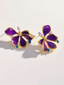 1 par de pendientes de pintura al óleo floral púrpura vintage, pendientes elegantes de lujo de alta gama para mujeres