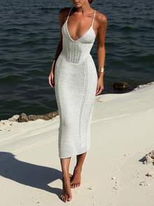 性感镂空蕾丝吊带针织罩衫，文艺复兴风格连衣裙，夏季中长连衣裙，女士沙滩波西米亚风性感镂空露背钩针罩衫连衣裙，适合情人节、新年、年末、圣诞派对 - 白色 - 查看 3