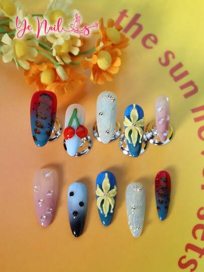 Elevate Your Style With 10pcs Long Almond Summer Multicolor Gradient Blue Pink 3d Three-Dimensional Decoration Flower Cherry Handmade Sweet Heart Korea Style Full Cover Fake Nail Set Charming Bubble With Blooming Dot Funny Boho Full Coverage Acrylic Press On Nail 1 Count Manicure Set For Women And Girls With 1pc Mini Nail File & 1 Sheet Adhesive Tabs