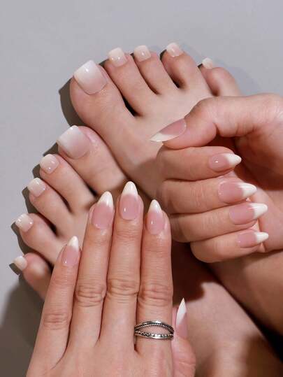 48Pcs Set Matching Nail Tips For Hands & Feet, Ombre Pink To Milky White French Almond Short Nail Tips And Milky White Ombre Toe Nail Tips, With 1Pc Nail Buffer And 2Pcs Double-Sided Adhesive, Suitable For Women To Create Fashionable Manicure Press On Nails Nail Supplies Nails