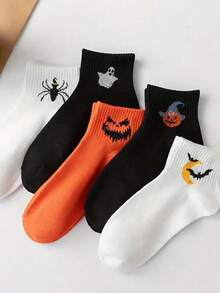 5 Packs Women's Halloween Ankle Socks - Spider, Bat, Pumpkin & Witch Hat Designs - Soft Ribbed Cuffs, Machine Washable - Assorted Orange & Black Colors For Halloween Parties & Casual Attire, Festive Footwear, Spooky Sock Designs, Comfortable Sock Material
