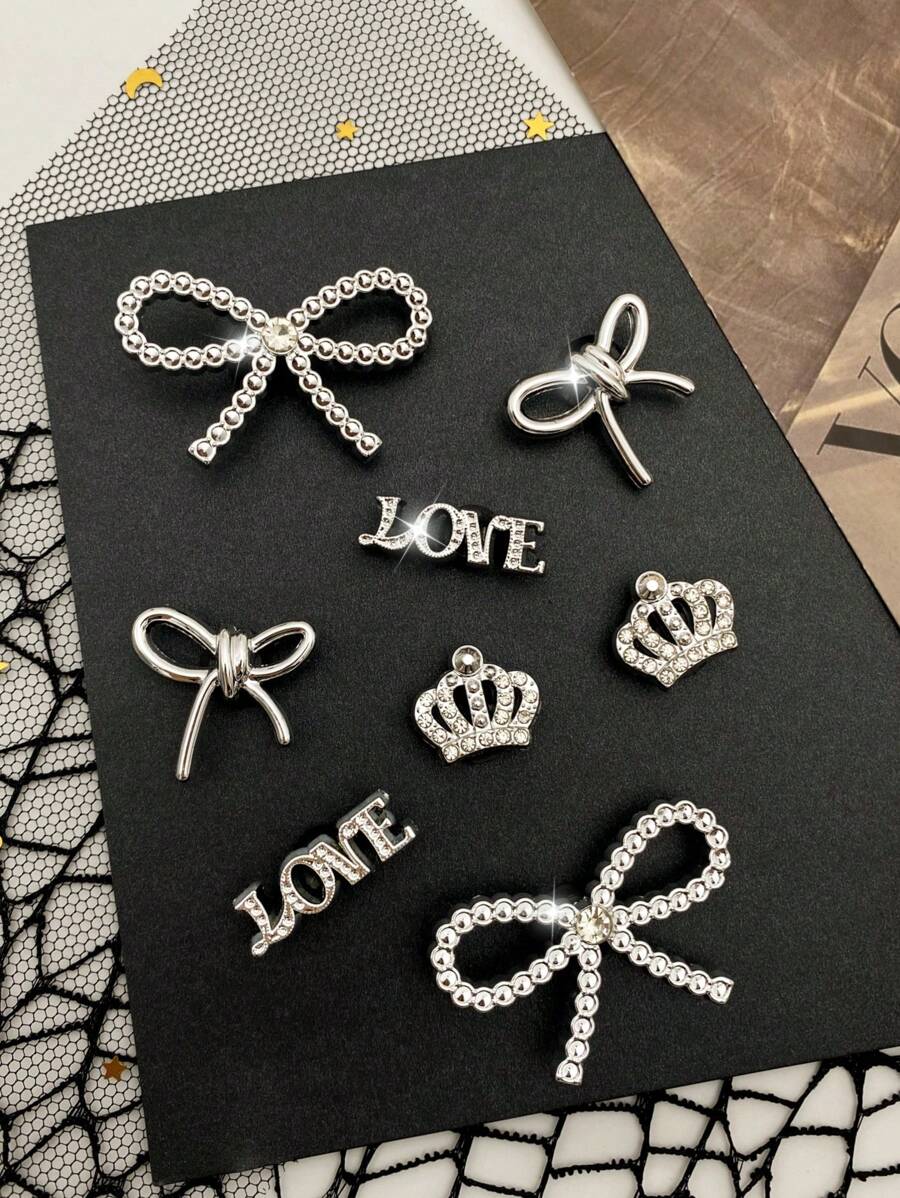 8pcs Fashionable Silver Bow Knot, Rhinestone Crown, Love Letter, Bow Knot DIY Accessories, Detachable Shoe Clips For Sandals, Holiday Party Gift