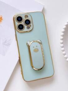 1 pieza Soporte de teléfono con oso plateado, Funda de teléfono plateada en morado/negro/blanco/azul/verde con soporte oculto, Funda protectora ultra delgada resistente a golpes, Protección de la lente de la cámara, Funda de teléfono suave