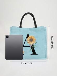 Sunflower & Daisy, Letter A-Z Print Blue Linen Tote Bag, Perfect Holiday Gift, Multifunctional Portable Handbag/Shoulder Bag, Fashion Minimalist Linen Bag, Large Capacity Storage Bag, Gift For Women, Teacher's Day Gift, Cosmetic Bag - Blue - View 10