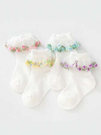 4 paires de chaussettes à volants en dentelle et motifs en filet pour filles, enfants et bébés princesses