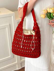 BAILEE 1 件全新米色镂空编织沙滩钱包，优雅轻便耐用单肩托特包，适合女士夏季海滩外出、度假和日常使用沙滩包 - 彩色 - 查看 9