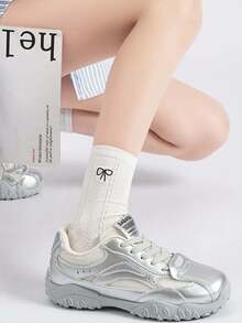 Miradar Color Leather Platform Chunky Sneakers For Women, Brown Thick Sole Elevated Casual Shoes - Silver - View 1