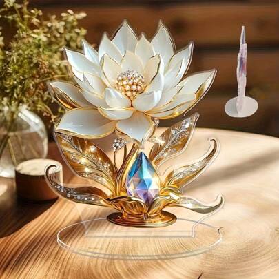 1/2/6 peças 2D plana elegante decoração de mesa de acrílico de lótus branco, morango dourado e enfeite de cristal, centro de mesa de jantar, enfeite de mesa de escritório ou mesa, presente perfeito para feriado ou aniversário, decoração chique de alto nível, outono, Halloween, Ação de Graças, artesanato, Natal, presente surpresa exclusivo