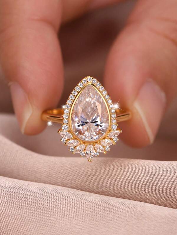1pc Elegant & Luxurious Classic 4ct Moissanite S925 Sterling Silver Drop Shaped Ring, Suitable For Banquet, Party, Wedding