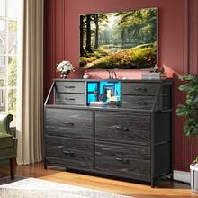 EnHomee Dresser For Bedroom With 8  Fabric Drawers & LED Lights And Charging Station, Nightstand With Open Shelf For Living Room And Entryway, Easy To Assemble, Black Wood Grain - 查看 9