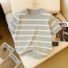 Women's Striped Short Sleeve Basic Cotton Blouse - 灰色 - 查看 1
