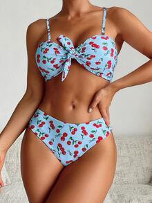 Women's Cherry Print Cute Bikini Set - Blue - View 2