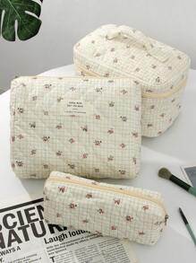 1 Stück weiße gesteppte Reißverschlusstasche mit kariertem Blumenmuster Make-up Tasche, modisch und lässig große Kapazität tragbare Reißverschluss Make-up Taschen, Reise- und Urlaubsutensilien Kosmetiktaschen für Binden, Slipeinlagen, Kabel-Kopfhörer, Ohrhörer, Kopfhörer, Ladegerät, Lippenstifte, Kosmetika, Parfüm, Pflegeprodukte, Heimdekoration, für Mütter, Frauen, Krankenschwestern, Studentinnen, Schulkinder, Schlüssel, Urlaubsgeschenke