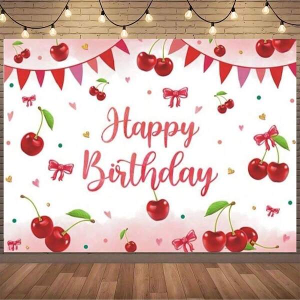 1 Stück Glücklicher Geburtstag Hintergrund Dekoration mit roter Kirsche Schleife, süßes Banner, geeignet für Geburtstags-Party Kuchentisch Dekoration, Fotobox Fotohintergrund. Verschiedene Größen, Mehrzweck Hintergrundtuch für Männer und Frauen - geeignet für universelle Dekorationen in allen Jahreszeiten, Innen- und Außendekorationen, Fotostudios, Gartendekoration, Partydekorationen und Fotokabinen.