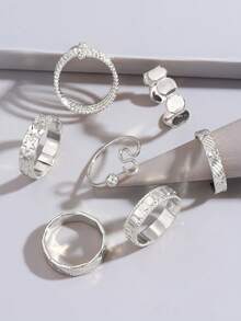 7件套极简个性化春季星星和心形戒指套装 - 銀色 - 查看 3