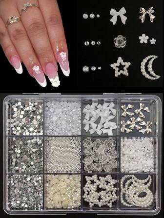 1 Box Of Random Mixed White Resin Bow Flowers Pearls Rhinestones Nail Charms White Bow Pearl Star Steel Beads Nail Art Decorations Accessories Nail Art Charms