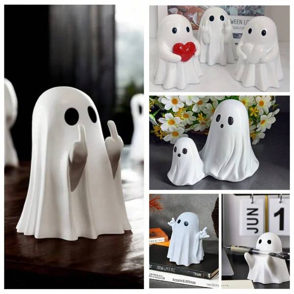 Nuevo y lindo adorno de fantasma blanco para decoración de fiesta de Halloween, adorno creativo de fantasma provocativo con dedo medio, pequeño ornamento para escritorio o patio, decoración adecuada para Halloween, fiestas y días festivos, regalo de Halloween