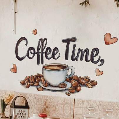 1pc Coffee Cup Wall Sticker "Coffee Time" Wall Decal, Removable Vinyl Decor For Home, Cafe, Shop, Coffee Station, Bar, Office, Room Room Decor Home Decor Wall Decor Wall Stickers Stickers Living Room Decor