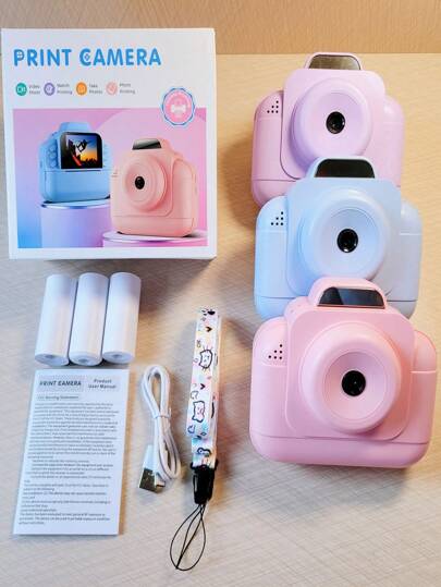 1 pièce Appareil photo instantané avec écran HD 2,4", zoom 16X, vidéo 1080P, lecteur MP3, 20 cadres, 5 filtres, batterie 1300mAh, taille 4,72 pouces* 4,21 pouces* 2,36 pouces, 3 rouleaux de papier gratuits (y compris le contenu à l'intérieur du corps de l'avion), câble de charge USB Type-C, équipé d'une lanière d'appareil photo, violet/rose/bleu, cadeau parfait pour les vacances et les anniversaires