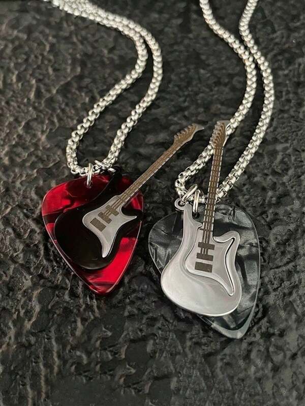 1pc Punk Rock Guitar Pick Stainless Steel Necklace - Unique Hip Hop Couples Pendant, Nightclub & Everyday Accessory For Men & Women