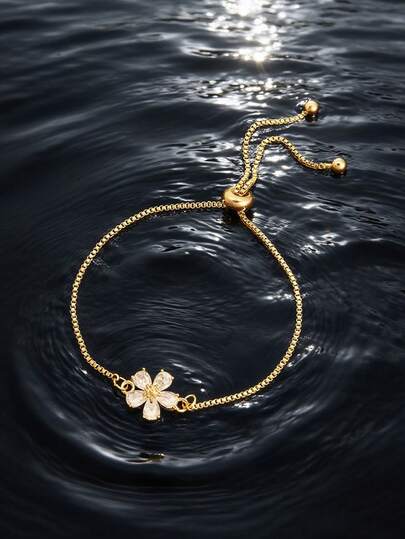 1pc Minimalist Style Adjustable Crystal Flower Bracelet, Versatile Daily Wear
