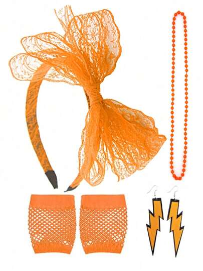 4 Pieces Of 80s Women's Clothing Accessories, Lace Headbands, Retro Lightning Earrings, Gloves And Necklaces, Are Perfect For Your Outfit At Most Parties, Halloween