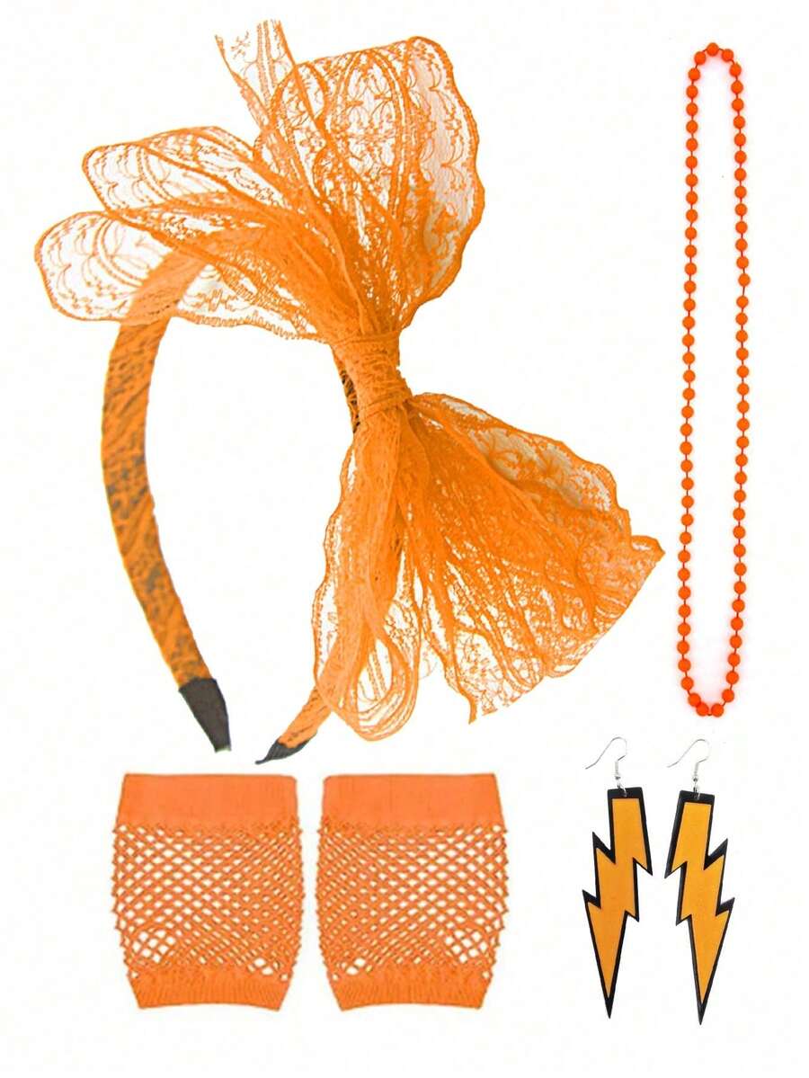 4 Pieces Of 80s Women's Clothing Accessories, Lace Headbands, Retro Lightning Earrings, Gloves And Necklaces, Are Perfect For Your Outfit At Most Parties, Halloween - Multicolor - View 1