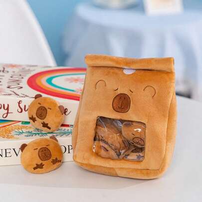 POKOJA LAND 19厘米/7.48英寸可爱水豚包毛绒玩具包，内含4只可爱水豚毛绒动物，内含一袋面包水豚零食包，毛绒仿真水豚玩具，适合儿童圣诞节生日派对礼物房间装饰