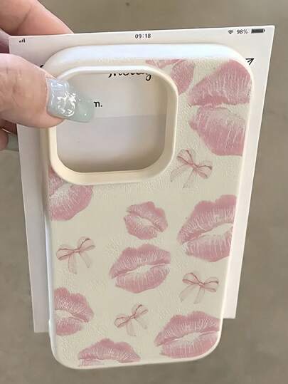 1pc White Bow & Lip Print Full Coverage TPU Shockproof Phone Case, Compatible With IPhone 16, 15, 14, 13, 12, 11 Pro Max, And Series