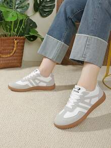 Zapatos casuales multifuncionales de moda para mujer, zapatillas casuales con cordones, puntera redonda, suela de goma, en color bloque negro y caqui, para combinar diariamente, zapatos casuales talla 36-41, de moda, blanco y gris - Blanco - Ver 5