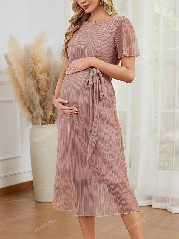 weisilong Maternity Summer Spring Sparkly Glitter Elegant Pregnancy Party Wedding Guest Dress With Belt, Baby Shower