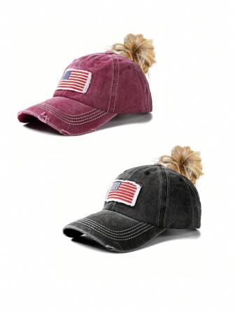 1pc Women's Multi-Color Fabric Ponytail Hole Baseball Cap With American Flag, Suitable For Daily Wear