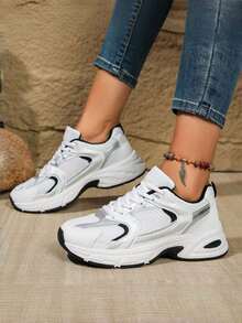 Giày thể thao thường ngày cỡ lớn mọi mùa, giày đế xuồng đế dày, giày thể thao chunky, da và lưới vá, thoáng khí, đa năng, giày cặp đôi thời trang, giày chạy bộ thể thao ngoài trời - màu đen - Xem 6