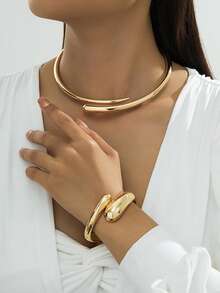 1 Set Elegant High-End Geometric Shape Alloy Bracelet, Ring, Necklace, Earrings Jewelry Set For Women, Suitable For Parties, Galas, And Dates, An Elegant Gift For Girlfriend - Gold - View 20