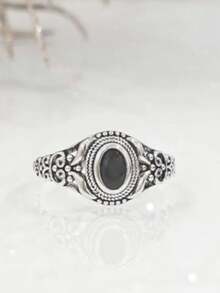 1pc Hollow Floral Pattern Ring With Oval Black Natural Stone Inlay, Fashionable Copper Material Ring Suitable For Women's Daily Wear And Parties, Anniversary Gift - 復古銀色 - 查看 4
