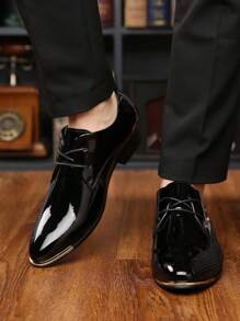 Plus Size Men's Glossy Leather Lace-Up Pointed Toe Dress Shoes, Formal Wedding Business Attire