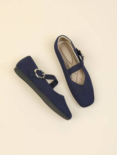 Sapato Feminino Tipo Mary Jane, Sapatilhas Casuais Bico Fino Com Parte Superior Tricotada, Ajuste com Tira Ajustável