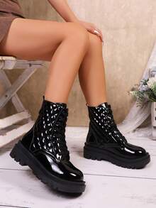 Buty na platformie w stylu UE/UK, czarne pikowane botki z lakierowanej skóry, buty damskie w dużych rozmiarach 41-43